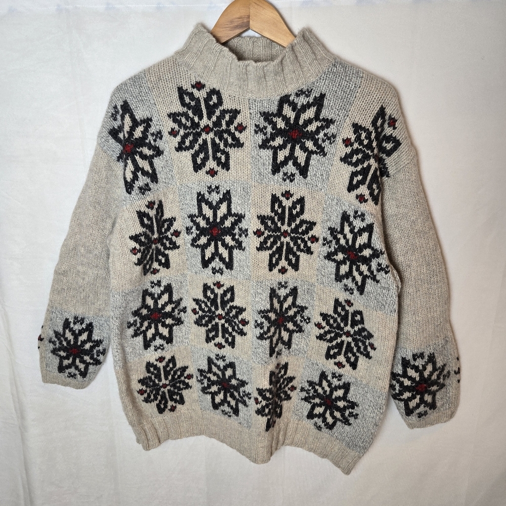 Eddie Bauer Women's Wool/Angora Blend Sweater Gray/Tan Snowflake High-Neck Sz XL